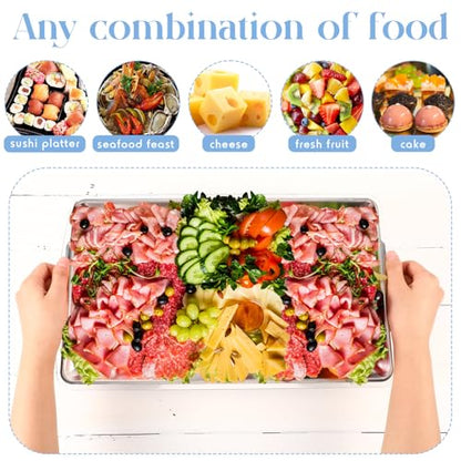 2 Set 16" x 9'' Chilled Serving Tray for Parties with Compartments Rectangle Serving Dish Ice Charcuterie Party Platter for Shrimp Fruit Seafood Vegetable Appetizer (Silver)