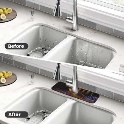 Wood American Flag Fish Kitchen sink faucet pad, strong water absorption, anti slip, easy to clean, very suitable for splash and drip prevention, suitable for kitchens and bathrooms