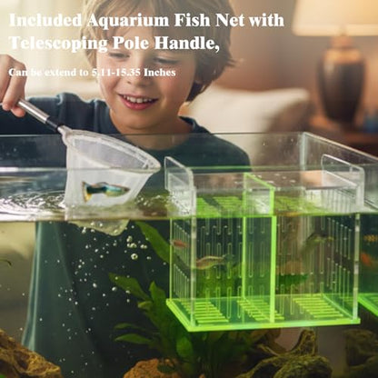 Green Acrylic Aquarium Breeder Box, 7.4x5.3x6.3 in Hang-On Fish Isolation Box with Long Handle Net, Removable Divider & Feeding Hole for Betta Guppy Shrimp Freshwater Saltwater