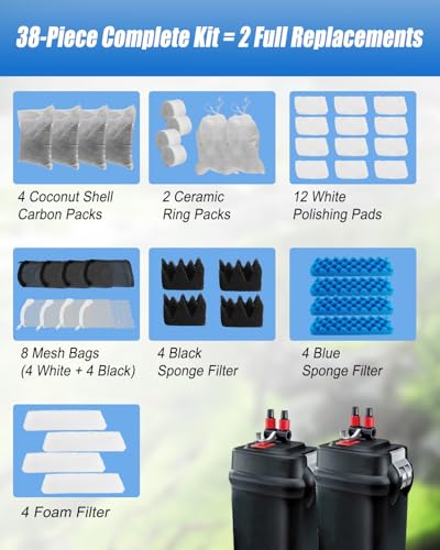 38 Pack Aquarium Filter Media Kit Fit for Fluval 306 307 Canister Filters, Includes Water Polishing Pad, Bio Foam Pad, Foam Blocks, Ceramic Rings, Activated Carbon, Filter Mesh Bag