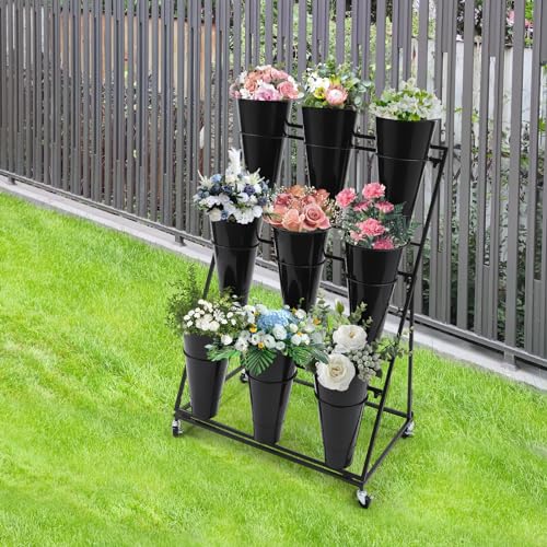 Flower Display Stand with 9 Buckets, 3 Layers, Indoor/Outdoor Flower Shelf for Patio, Living Room, Florist, Black - style: 3 Layers 9 Buckets Black