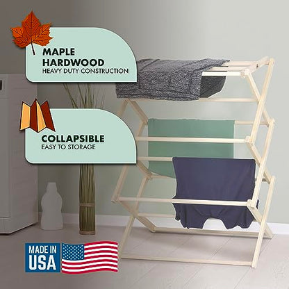 Pennsylvania Woodworks Premium American Maple Clothes Drying Rack - Handcrafted in Pennsylvania - Solid Wood Construction, Collapsible, Eco-Friendly Laundry Solution (Medium) - color: Medium | Flat Top