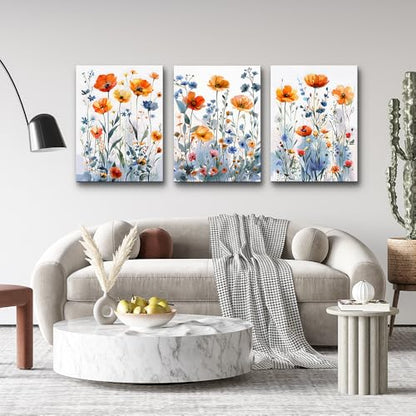 TTHYUEWS Boho Wall Art for Living Room & Bedroom - Modern Wall Decorations - 3 Piece Set - Flowers Watercolour Paintings & Posters - Home Decor