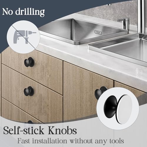 Adhesive Cabinet Knobs 4pcs Black Self-Stick Knobs Drill Free Dresser Drawer Pulls Stainless Steel Stick On Handles for Medicine Cabinets Drawer Cupboards Glass Sliding Door Terrarium Lid