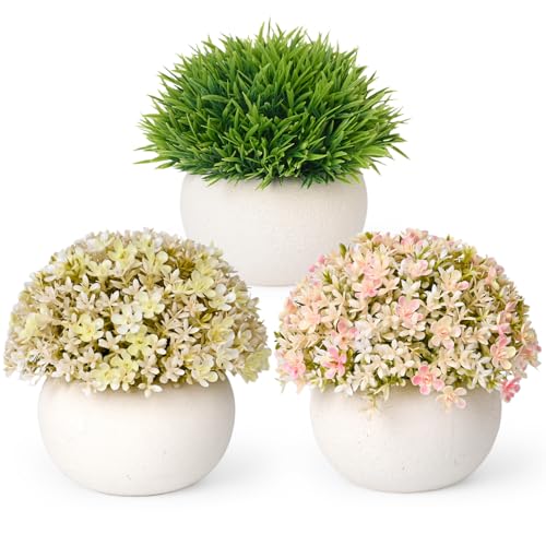 Fake Plants-3-Pack Mini Artificial Pulp Pot Decor, 2 Lilac Flower Balls & 1 Grass, No Maintenance for Desk Bathroom Home Office Shelf