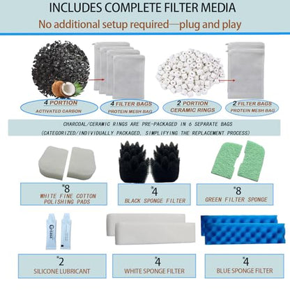 42 Pack Filter Media Kit for Fluval 406/407 Canister Filters - 2 Full Replacement Sets, High Porosity Bio Foam, Ceramic Rings, Activated Carbon & Polishing Pads