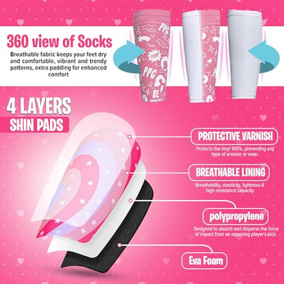 Kids Soccer Shin Guards with Shin Gaurd Sleeves 3-10+ Yrs - color: PPG - Pink, size: Medium [9 - 10 Yrs]
