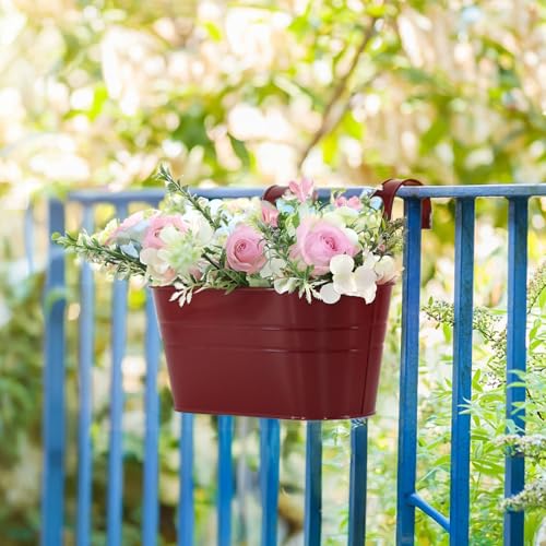 3 Pack Metal Railing Planters, 10.5" Oval Hanging Flower Pots with Detachable Hooks & Drainage Holes, Fits Rails up to 2.36", Galvanized Iron Fence Bucket for Balcony Garden Patio - Red - color: Red, size: 3 Pack, 10.5"L x 5.7"W x 4.7"H