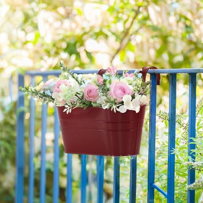 3 Pack Metal Railing Planters, 10.5" Oval Hanging Flower Pots with Detachable Hooks & Drainage Holes, Fits Rails up to 2.36", Galvanized Iron Fence Bucket for Balcony Garden Patio - Red - color: Red, size: 3 Pack, 10.5"L x 5.7"W x 4.7"H