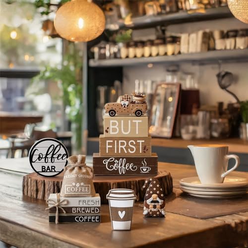 11 Pcs Coffee Bars Table Decorations Coffee Tiered Tray Decor Farmhouse Table Centerpiece Wooden Books Home Tabletop Decor for Home Kitchen - style: Coffee