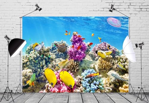 BELECO 10x6.5ft Fabric Underwater World Backdrop Undersea Tropical Fish Coral Reef Blue Deep Sea Aquarium Background Under The Sea Party Decorations Baby Shower Birthday Shoot Photo Props - size: 10x6.5FT