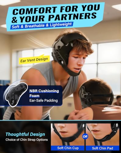 Trymaker Wrestling Headgear, Youth Head Gear with Chin Cup & Pad - color: Black Headgear & Black Strap