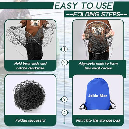 Foldable Drop and Pier Fishing Net, Portable Bridge Net, Foldable Crab Net Bait Shrimp Net with Foldable Bucket Soft Steel Hoop and 32FT Rope Storage Bag
