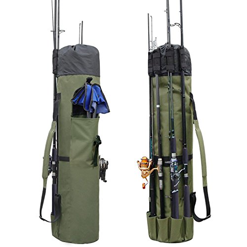 Allnice Durable Canvas Fishing Rod & Reel Organizer Bag Travel Carry Case Bag- Holds 5 Poles & Tackle