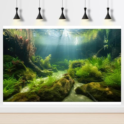 Ocean Floor Fish Tank Background Underwater Stone Aquarium Background Under Water Background Cave Sunlight Fish Tank Backdrop Decoration Aquarium Backdrop Durable Vinyl 24x16in