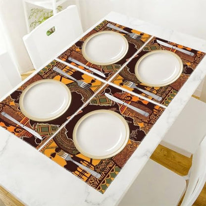 Placemat Set of 4 Washable Place Mats Heat Resistant African Map Ethnic Pattern Table Mats for Kitchen Non-Slip Placemats Wipeable Desktop Protection Mat for Dining Table - color: African Map Ethnic Pattern