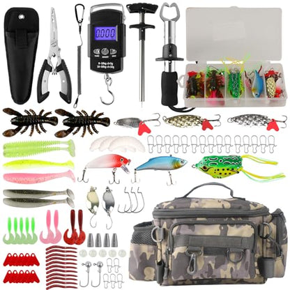 113Pcs Fishing Tool Kit, Fishing Bag, Fishing Pliers Hook Remover, Fish Lip Gripper, Fishing Lures Hook Tackle Box, Handheld Digital Scale, Ice Fly Fishing Gear Accessories Set Fishermen Gift