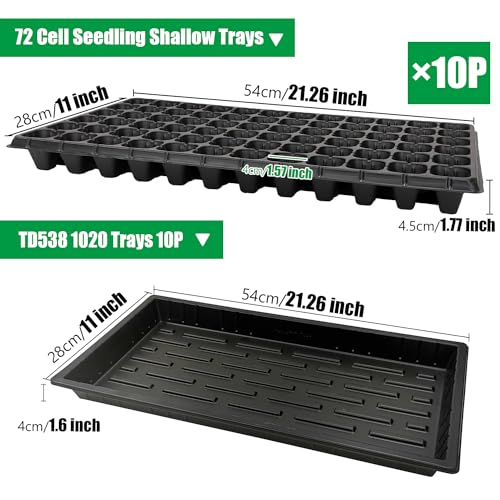RooTrimmer 10 Pack 1020 Seed Starter Trays and 10 Pcs 72 Cell Plug Trays, Thick Durable Seedling Plastic Nursery Tray for TD538 1020 Tray Germination (10 Sets)
