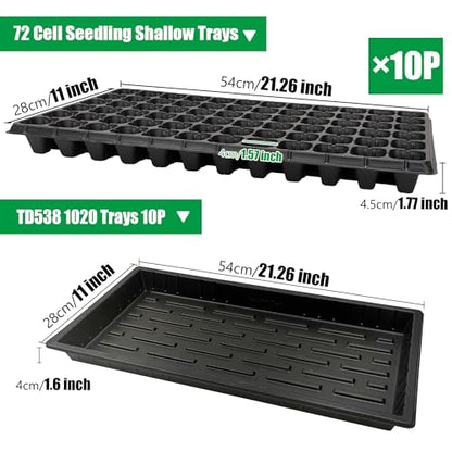 RooTrimmer 10 Pack 1020 Seed Starter Trays and 10 Pcs 72 Cell Plug Trays, Thick Durable Seedling Plastic Nursery Tray for TD538 1020 Tray Germination (10 Sets)