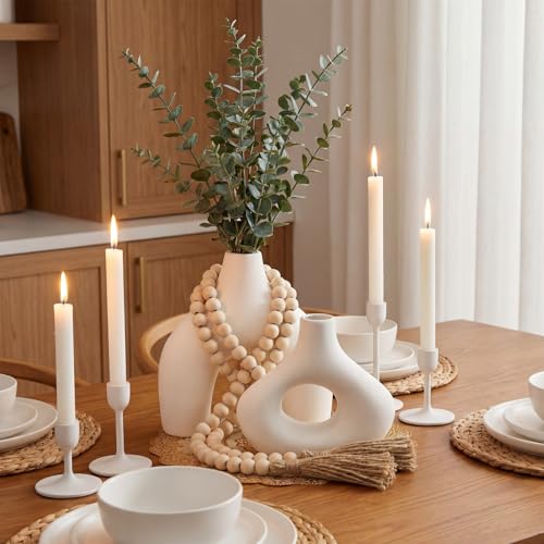 4 Pcs Rustic Country Tabletop Centerpieces Set of 2 Boho Ceramic Flower Vases Wooden Beads Garland and Gold Round Placemats for Farmhouse, Boho Home Coffee Table Decor