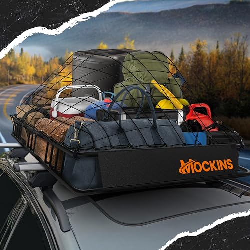 Mockins 50"x36"x4.5" Extendable Car & SUV Rooftop Cargo Carrier 250Lbs Cap | Heavy Duty Roof Rack Basket | Car Topper Luggage Carrier Waterproof & All-Weather Steel Set with Ratchet Straps & Cargo Net - size: Basket: 50"x36"x4.5"