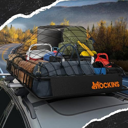 Mockins 50"x36"x4.5" Extendable Car & SUV Rooftop Cargo Carrier 250Lbs Cap | Heavy Duty Roof Rack Basket | Car Topper Luggage Carrier Waterproof & All-Weather Steel Set with Ratchet Straps & Cargo Net - size: Basket: 50"x36"x4.5"
