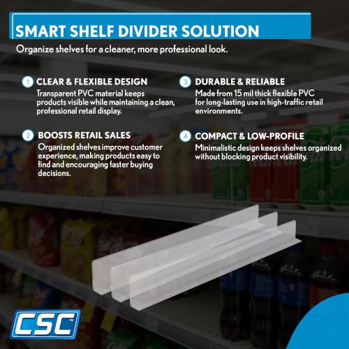 Corp. 50 Pack Shelf Dividers for Retail Stores, 1" H x 9-9/16" L, 15 mil Crystal Clear PVC Adhesive Mount Retail Shelf Separator, SD-1510