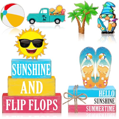 11 Pcs Summer Decorations Set Sunshine Tiered Tray Decor Hello Sweet Summer Wooden Blocks Flip Flops Coconut Tree Centerpiece for Home Office Decorations - style: Hawaiian
