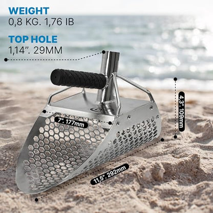 Sand Scoops for Beach Metal Detecting Stainless Steel Beach Metal Detecting Shovel Underwater Treasure Hunting, Metal Detector Accessories(Bag + Scoop + Carbon Fiber Handle), (11x7 + Handle) - size: 11 x 7 in + Handle