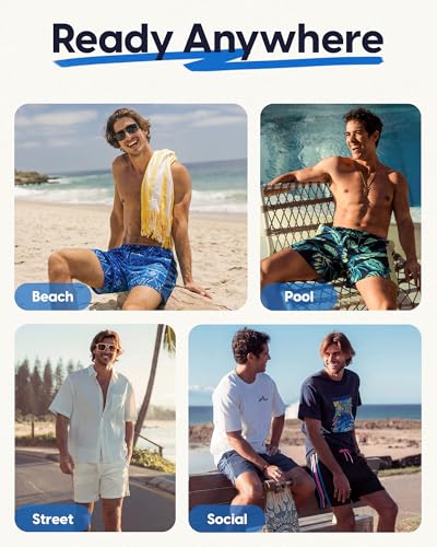 maamgic Mens Swim Trunks - Mens Bathing Suit with Compression Liner 7 Inch Quick Dry Fshion Stretch Zipper Pockets Swimwear - color: 2-navy Blue-navy Blue-layered Pattern, size: X-Large