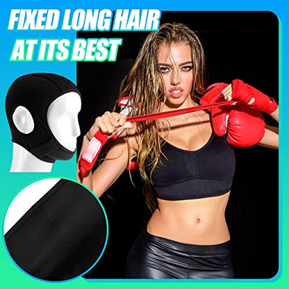 2 Pcs Wrestling Hair Cover Cap Grappling Hair Cap Black Full Cover Wrestling Headgear with Chin and Open Ears for MMA BJJ Judo Women Men