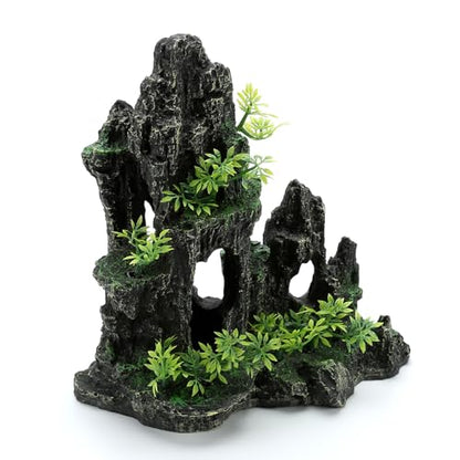 Aquarium Decorations Large Mountain View Stone Ornaments, Fish Tank Decorations Extra Large and Tall Aquarium Decor for Fish Tank Hideout Tree House Rock Cave for Small Fish Betta Hideaway Cave