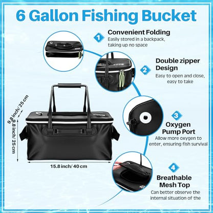 Set of 4 Saltwater Fishing Cast Net, Foldable Fish Bucket, Folding Fishing Landing Net, and 110lb Digital Scale, 6 Gallon Live Fish Bait Bucket - color: Black, size: 4ft