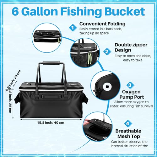 Set of 4 Saltwater Fishing Cast Net, Foldable Fish Bucket, Folding Fishing Landing Net, and 110lb Digital Scale, 6 Gallon Live Fish Bait Bucket - color: Black, size: 6ft