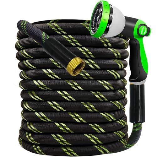 Garden Hose 25 FT, NON-EXPANDABLE Heavy-Duty Flexible & Lightweight Water Hose with 10-Function Nozzle, No-Kink, Leak-Proof Super Fabric, Solid Fittings for Lawn, Car, Outdoor (Black Green)