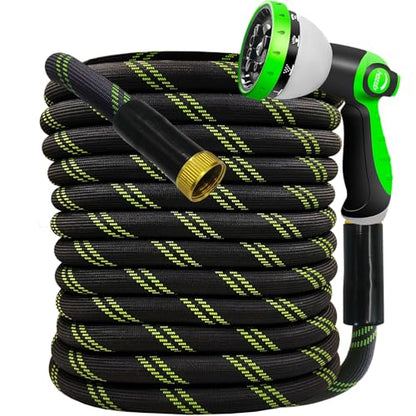 Garden Hose 25 FT, NON-EXPANDABLE Heavy-Duty Flexible & Lightweight Water Hose with 10-Function Nozzle, No-Kink, Leak-Proof Super Fabric, Solid Fittings for Lawn, Car, Outdoor (Black Green)