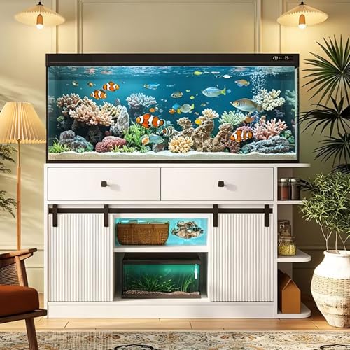 75 Gallon Fish Tank Stand with RGB LED & 6-Outlet Charging Station, 55-75 Gallon Aquarium Cabinet with Sliding Doors, 1200 lbs Capacity, White - color: White, size: 55.1"L x 19.6"W x 32.2"H