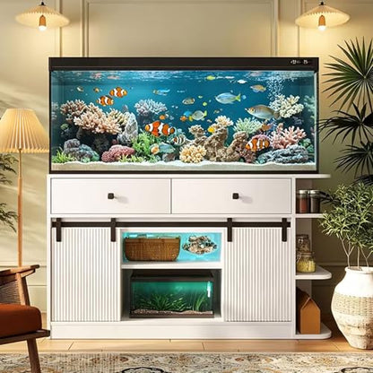 75 Gallon Fish Tank Stand with RGB LED & 6-Outlet Charging Station, 55-75 Gallon Aquarium Cabinet with Sliding Doors, 1200 lbs Capacity, White - color: White, size: 55.1"L x 19.6"W x 32.2"H