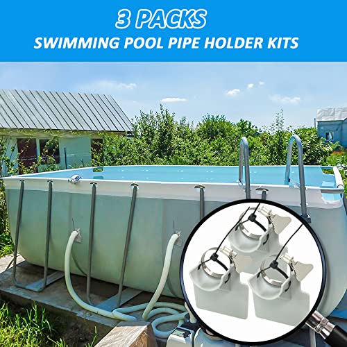 Swimming Pool Pipe Holders 3 PCS, Fits 1.5'(MAX) Above Ground Swimming Pool Hose Support Brackets, Prevent Pipe Sagging, with 3 Tapes, 6 Cable Ties& 3 Stainless Steel Hose Clamps
