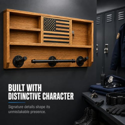GUTE Police Wall Mounted Tactical Duty Gear Rack with Blue American Flag | First Responder Storage Shelf & Organizer for Policemen, Law Enforcement Holder | Gift Décor - style: Rack with Storage Lock