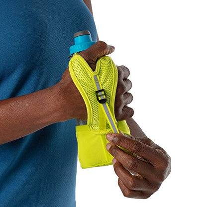 Nathan Running Handheld Water Bottle Adjustable No-Grip Quick Squeeze Lite Hand Strap. Reflective Hydration - color: Finish Lime / Blue Me Away, style: 12oz Insulated