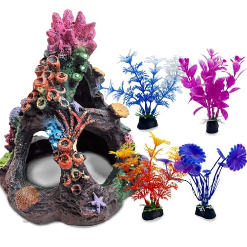 Colorful Coral Small Fish Tank Decorations with 4PCS Artificial Aquarium Plants, Resin Mountain Ornament for Goldfish Betta Fish Tank Cave Hideout Sleep Rest Play Breed - size: L，4 PCS water plants