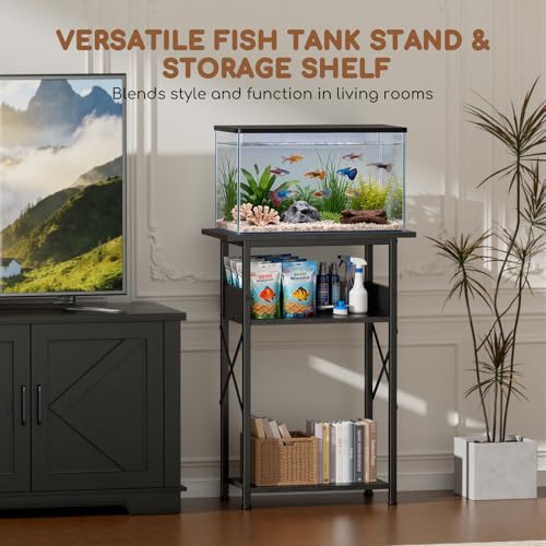 10 Gallon Fish Tank Stand with Storage Shelves, 3-Tier Aquarium Stand with Rust-Proof Metal Frame, Heavy Duty Waterproof Reptile Turtle Tank Stand for Home Office Up to 150LBS, 21.5" L x 11.5" W x 30" H, Black