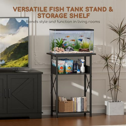 10 Gallon Fish Tank Stand with Storage Shelves, 3-Tier Aquarium Stand with Rust-Proof Metal Frame, Heavy Duty Waterproof Reptile Turtle Tank Stand for Home Office Up to 150LBS, 21.5" L x 11.5" W x 30" H, Black