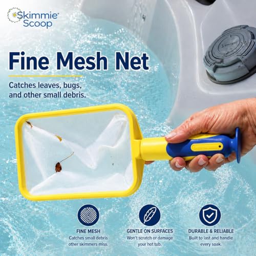 Scoop - Patented Handheld Skimmer with Fine Mesh Net for Spa, Hot Tub, Cold Plunge and Small Pool Cleaning - Lightweight and Durable with Powerful Suction Cup - Clean Out Filter (Yellow)