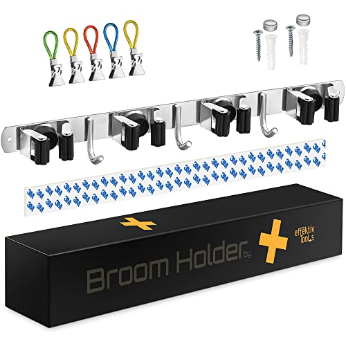 Wall Mount Hanger for Brooms & Mops - Adhesive Stainless Steel Mops & Broom Holder, 4 Clamps, 3 Hooks, & 5 Towel Hanger Clips Including Mounting Hardware for Utility Room Organization - style: 1-Pack