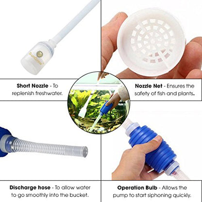 SunGrow Water Siphon Pump for Fish Tank with Priming Bulb, 3.5" Nozzle Net, 65-Inches, Long Nozzle Sand Cleaning Kit, Fish Gravel Vacuum to Clear Water, Aquarium Siphon Tank, 2-Minutes to Assemble - color: Blue