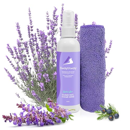 SwaytAway Fitness Mat Mist with Towel, 4oz Travel Size, 1 Pack, Lavender | Yoga Mat Spray with Towel Aromatherapy-Inspired Lavender Essential Oil Blend, Plant-Based, No Rinse, Refreshes & Deodorizes - size: 4 oz - 1 Pack