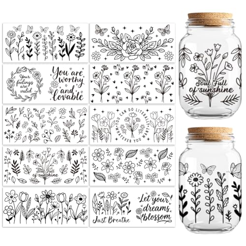 UV DTF Cup Wraps Transfer Stickers Black Line Flowers Pattern, 10 Sheets Waterproof Custom Vinyl Transfer Sticker 16oz Coffee Glass Cup Tumbler Bottle Mug Decals for Men Women - style: Black Line Flowers