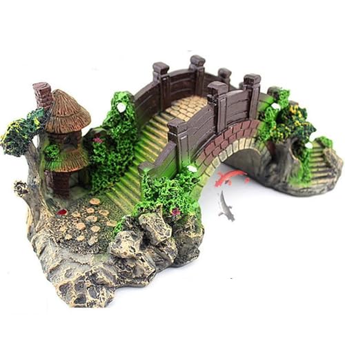ature Garden Bridge Aquarium Decoration, Resin Asian Arch Bridge with Pagoda, Green Brown, 14x6x5.5cm, Fish Tank Ornament